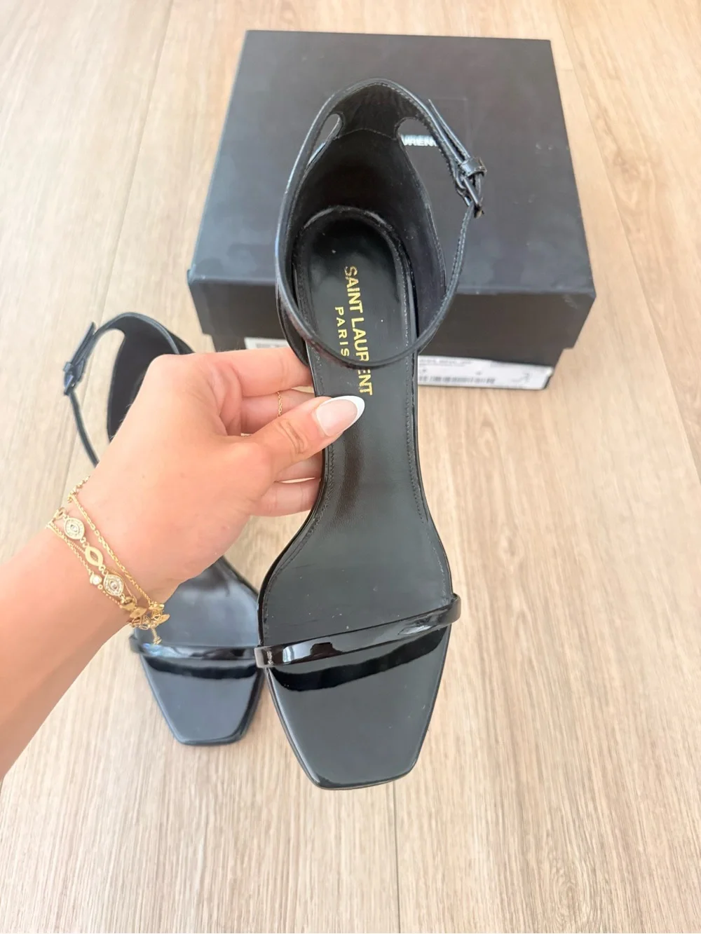 Saint Laurent Black Patent Leather Ankle-Strap Sandals with Logo Heel - Picture 2 of 4